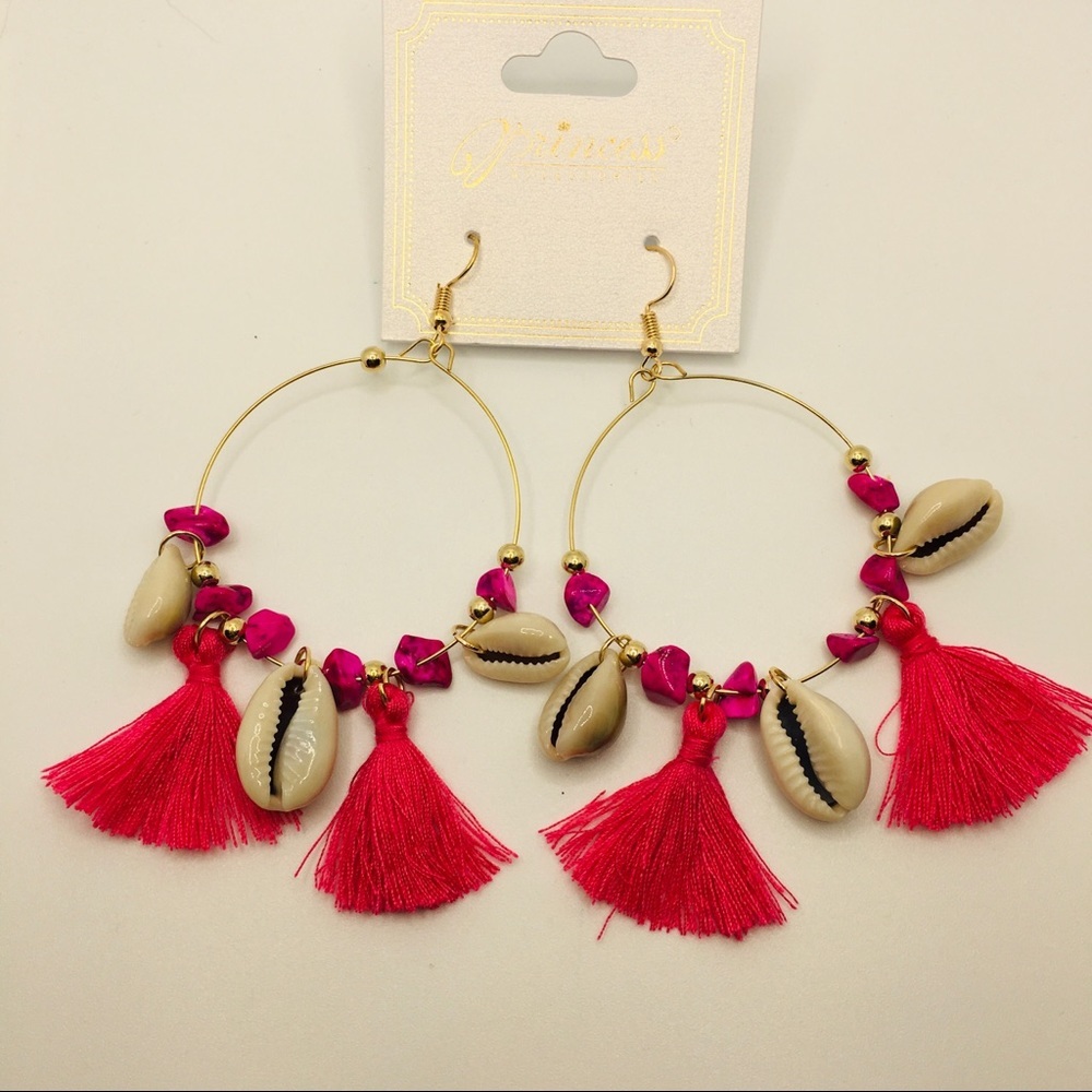 EARRINGS BOHO TASSELS DEEP PINK, purple stones! - Picture 8 of 9